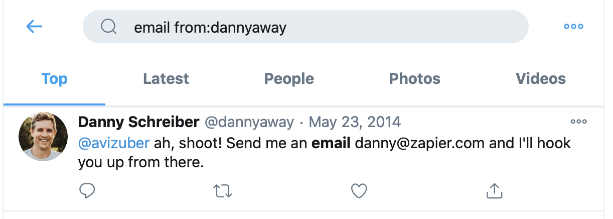 搜索“电子邮件来自：dannyaway”，结果显示 Danny 在 Twitter 上的电子邮件地址